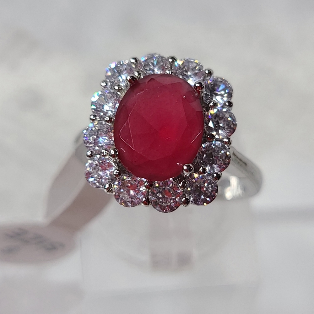 Ruby (Genuine) with Halo Sterling Silver Ring